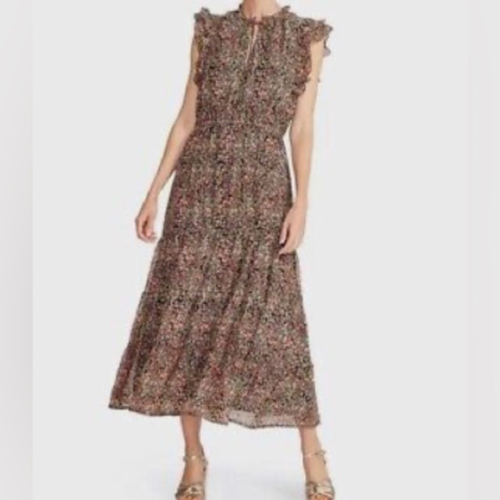 BB Dakota by Steve Madden Sz  L Ditsy Tiered Ruffled Neck Sleeve Midi Dress NEW